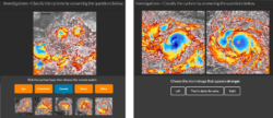 Cyclone Center asks volunteers to reanalyze infrared satellite images of tropical storms. Volunteers are guided through the analysis process by comparing exemplars of storm types (left) and learn how to estimate storm intensity by examining the relative temperature and organization of the storm system (right). Image Credit: Cyclone Center